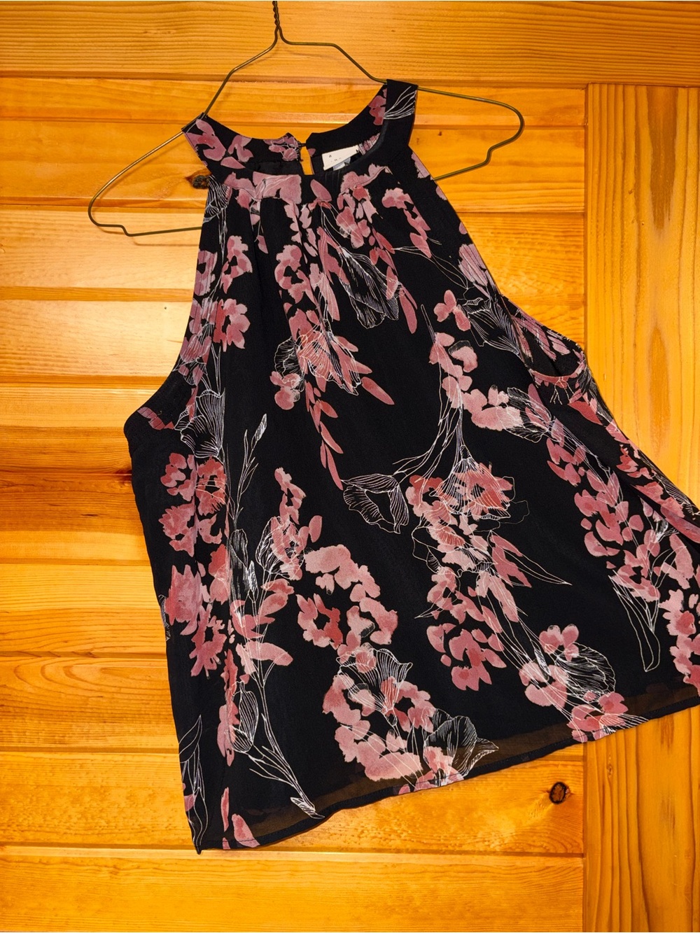 a new day Black Halter Tank Top with Pink Floral Print